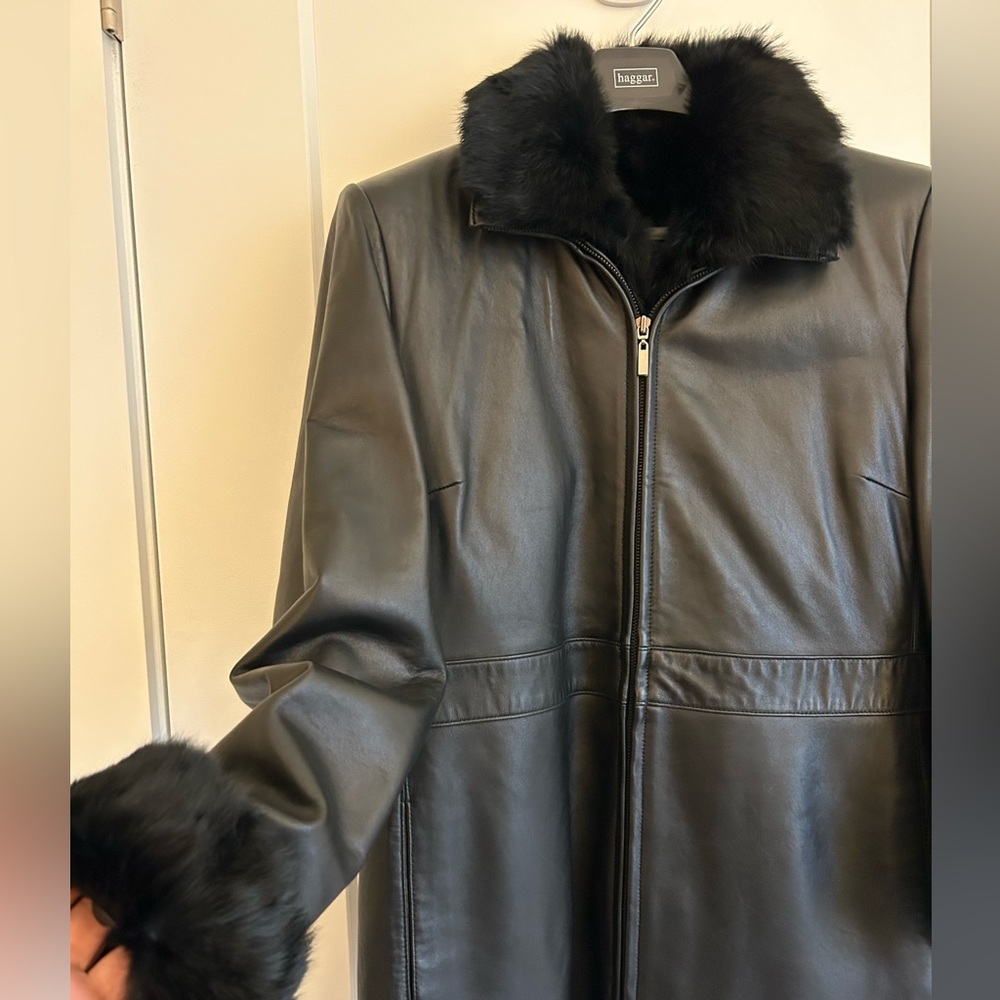 Buttery soft black leather coat with removable satin lining - fur collar & cuffs